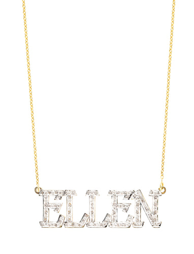 Nameplate Gothic Block Letters with White Diamonds | Kacey K Jewelry.